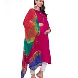 Mom for sure by Ketki Dalal Full Sleeves Placket Mirror Work Embellished Anarkali Maternity Kurta With Chiffon Bandhni Dupatta and concelead Zipper Access - Pink-picture-31