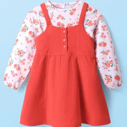 Babyhug Cotton Knit Full Sleeves Floral Printed Top with Pinafore - Floral image 1