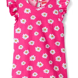 Babyhug Cotton Knit Frill Sleeves Nighty with Floral Print - Dark Pink-picture-21