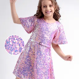 Hola Bonita Knit Half Sleeves Party Dress With Sequin Detailing & Belt - Pink-image-99