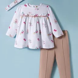 ToffyHouse Interlock Knit Full Sleeves Floral Printed Top & Pant Set with Headband & Bow Applique - Tan & White-picture-17