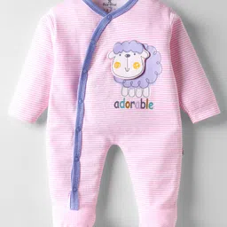 Child World Interlock Knit Full Sleep Footed Sleepsuit With Stripes & Animal Applique - Pink image 1