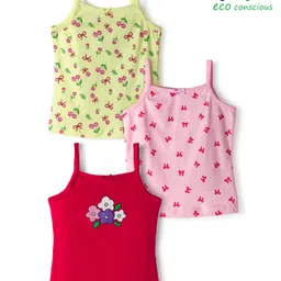 Babyoye Cotton Elastane Knit Sleeveless Slips with Floral Print & Bow Pack of 3 - Yellow Pink & Red-image-93