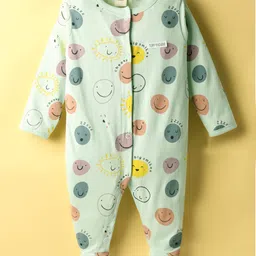 ToffyHouse 100% Cotton Knit Full Sleeves Front Open Footed Romper with Smiley Print - Light Green-picture-22