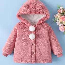 Mark & Mia Full Sleeves Hooded Fur Winter Jacket With Pom Pom Applique - Pink image 1