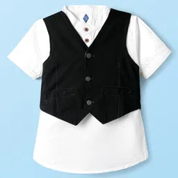 TONYBOY Cotton Woven Half Sleeves Shirt With Waistcoat Set - White & Black-picture-21