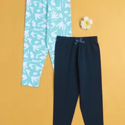 BUMZEE Cotton Knit Full Length Leggings With Floral & Bow Applique Pack of 2 - Navy Blue & Light Blue-picture-13