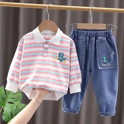 POP STREET KIDS Cotton Knit Full Sleeves Striped & Dinosaur Printed Light Winter Polo Tee & Jeans Set - Pink-picture-12
