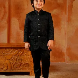 AJ Dezines Jacquard Woven Full Sleeves Textured Sherwani & Pant Set - Black-picture-28