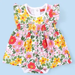 Babyhug 100% Cotton Knit Frill Sleeves Frock Style Onesie with Headband Floral Print - Multicolour image 2