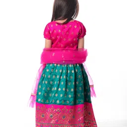 Babyhug Woven Half Sleeves Choli Lehenga Set & Dupatta With Sequin Floral Embroidery & Lace Detailing - Green image 2