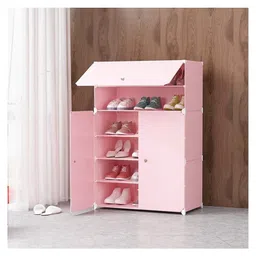 Butterthief Shoe Rack Plastic for Home- Slipper Stand, Multipurpose Printed Foldable Standing Shoe Rack (6 Shelf 3 Door) - Pink image 2