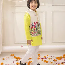 KID1 Cotton Woven Full Sleeves Solid Kurta & Pyjama With Floral Embroidered Jacket Set - White & Yellow image 4