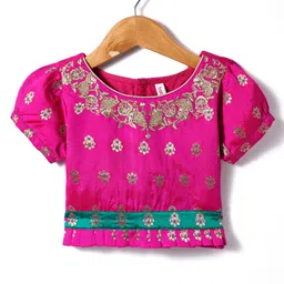 Babyhug Woven Half Sleeves Choli Lehenga Set & Dupatta With Sequin Floral Embroidery & Lace Detailing - Green image 4