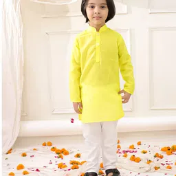 KID1 Cotton Woven Full Sleeves Solid Kurta & Pyjama With Floral Embroidered Jacket Set - White & Yellow image 5