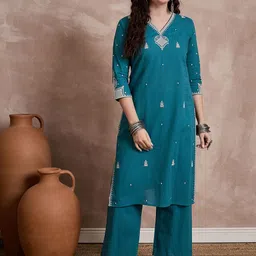 Anouk Floral Embroidered V-Neck Thread Work Pure Cotton Kurta With Trouser-picture-5