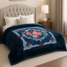 Aura Navy Blue & Pink Floral Mink Mild Winter 500 GSM Double Bed Blanket-picture-7