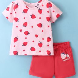 Doodle Poodle 100% Cotton Half Sleeves Strawberry Printed Night Suit  Rose Pink & Red-picture-11