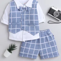 BUMZEE Full Sleeves Solid Shirt & Checked Waistcoat With Shorts - Sky Blue & White-picture-20