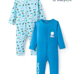 Babyoye Interlock  100% Cotton With Eco Jiva Finish Full Sleeves Rompers Teddy Print Pack of 2 - Blue-image-22