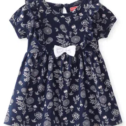 Babyhug Single Jersey Knit Half Sleeves Frock With Floral Print & Bow Applique - Navy Blue-picture-25