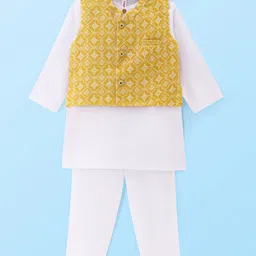 Babyhug Cambric Woven Solid Color Kurta Pyjama Set with Printed Jacket - Off White-picture-15