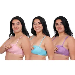Fabme Pack Of 3 Cotton Sleeveless Solid Nursing Bras - Sea Green Pink & Lavender-picture-19