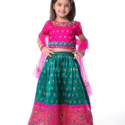Babyhug Woven Half Sleeves Choli Lehenga Set & Dupatta With Sequin Floral Embroidery & Lace Detailing - Green-picture-23