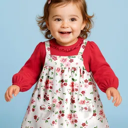 Babyoye Cotton Knit Full Sleeves T-Shirt & Frock with Floral Print - Red & White-picture-16