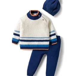 Babyhug Cotton Knitted Full Raglan Sleeves Solid Sweater Set With Cap - Navy Blue & White-picture-21