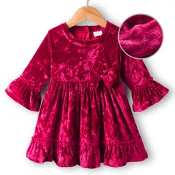 Mark & Mia Woven Full Sleeves Solid Party Dress With Bow Applique - Maroon-picture-10
