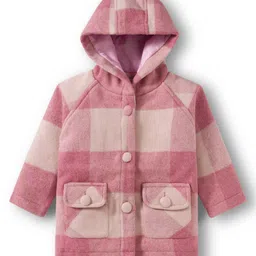 Babyhug Woven Full Raglan Sleeves Checks Hooded Overcoat - Pink-picture-33
