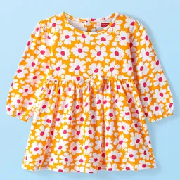 Babyhug Single Jersey Knit Full Peasant Sleeves Floral Print Frock With Leggings - Orange image 2
