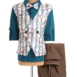 Mark & Mia Cotton Woven Full Sleeves 3 Piece Party Suit With Bubble Print & Bow - Teal Blue image 2