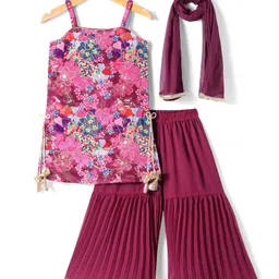 Babyhug Woven Sleeveless Georgette Embroidered Kurti & Gharara With Floral Print & Dupatta - Pink image 2