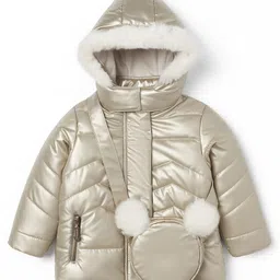 Babyoye Woven Full Sleeves Hooded Padded Jacket With Sling Bag - Golden image 2