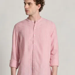Espanshe Men Relaxed Fit Vertical Striped Mandarin Collar Cotton Casual Shirt-image-73