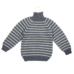 Shilpshakti Full Sleeves Striped  High Neck Handmade Sweater - Grey &  Cream image 4