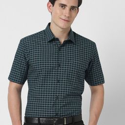 Peter England Men Spread Collar Grid Tattersall Checked Cotton Formal Shirt-picture-29