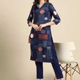 Sangria Women Navy Blue Printed Kurta with Trousers image 1