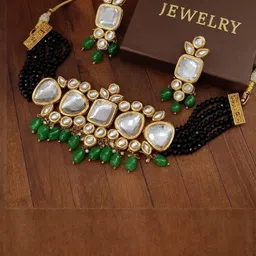 TJC Stainless Steel Gold-Plated Kundan Studded & Beaded Jewellery Set-image-16