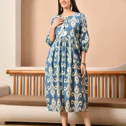 DECKEDUP Blue Cotton Printed Three-Quarter Sleeves Dress-picture-13