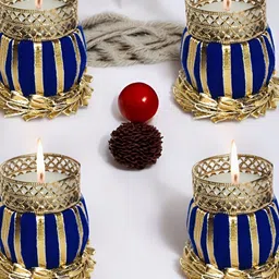 GADINFASHION Blue & Gold-Toned 4 Pieces Textured Tealight Candle Holders-picture-48