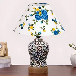 Aura Conical White & Blue Floral Printed Glass Frustum Shaped Table Lamp image 3