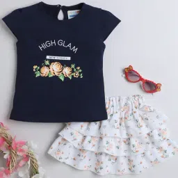 Bumzee Kids Navy & White Floral Print Top with Skirt-image-97