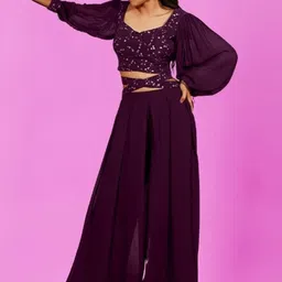 PARROT CREATION Floral Embroidered Sweetheart Neck Crop Top With Palazzo-picture-46