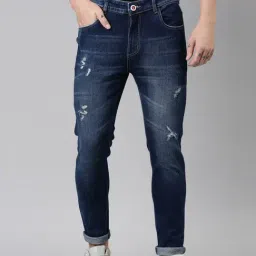 CINOCCI Blue Cotton Slim Fit Distressed Jeans-image-1
