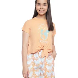 Lil Tomatoes Half Sleeves Disney Minnie I Love The Weekends Printed Front Tie Up Night Suit - Peach-picture-25