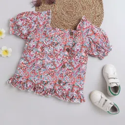 Kiddopanti Puffed Half Sleeves Seamless Vintage Designed Floral Swirl Printed Top - Orange-picture-18