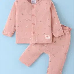First Smile Sinker Knit Full Sleeves Night Suit with Aeroplane Print - Peach-picture-12